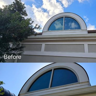 Comparison of a window before and after tinting, showing reduced reflection and increased privacy.