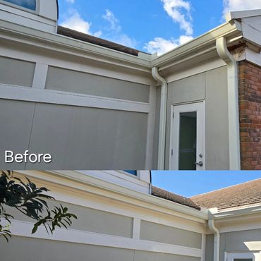 Before and after photos of a house exterior corner with cleaned gutters and improved landscaping.