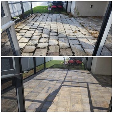 Before and after patio cleaning showing a dramatic transformation.