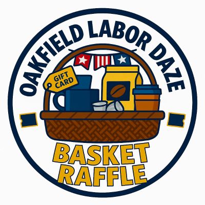 Logo for Oakfield Labor Daze Basket Raffle featuring coffee items and gift card.