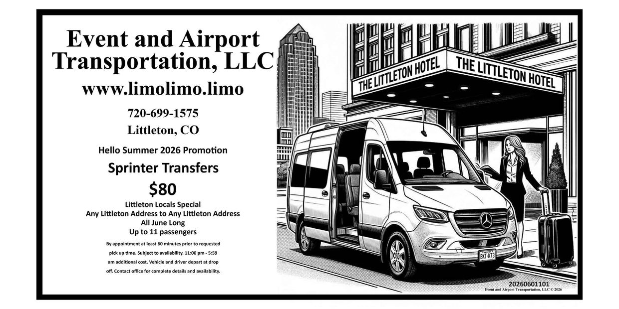 Advertisement for Event and Airport Transportation LLC offering $80 Sprinter transfers in Littleton, CO.