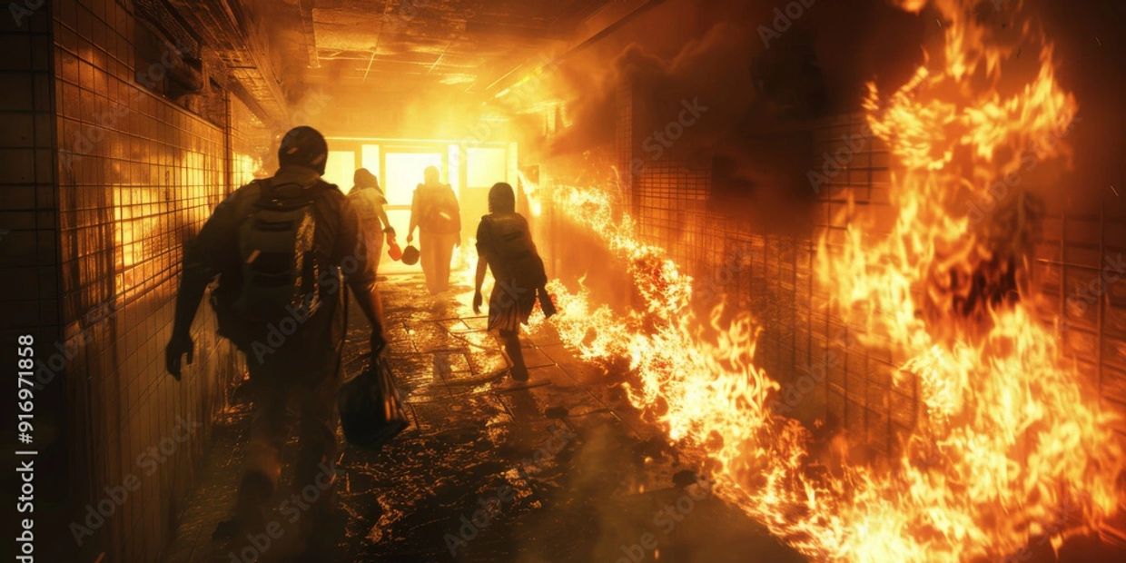 People escaping through a burning corridor with flames on one side.
