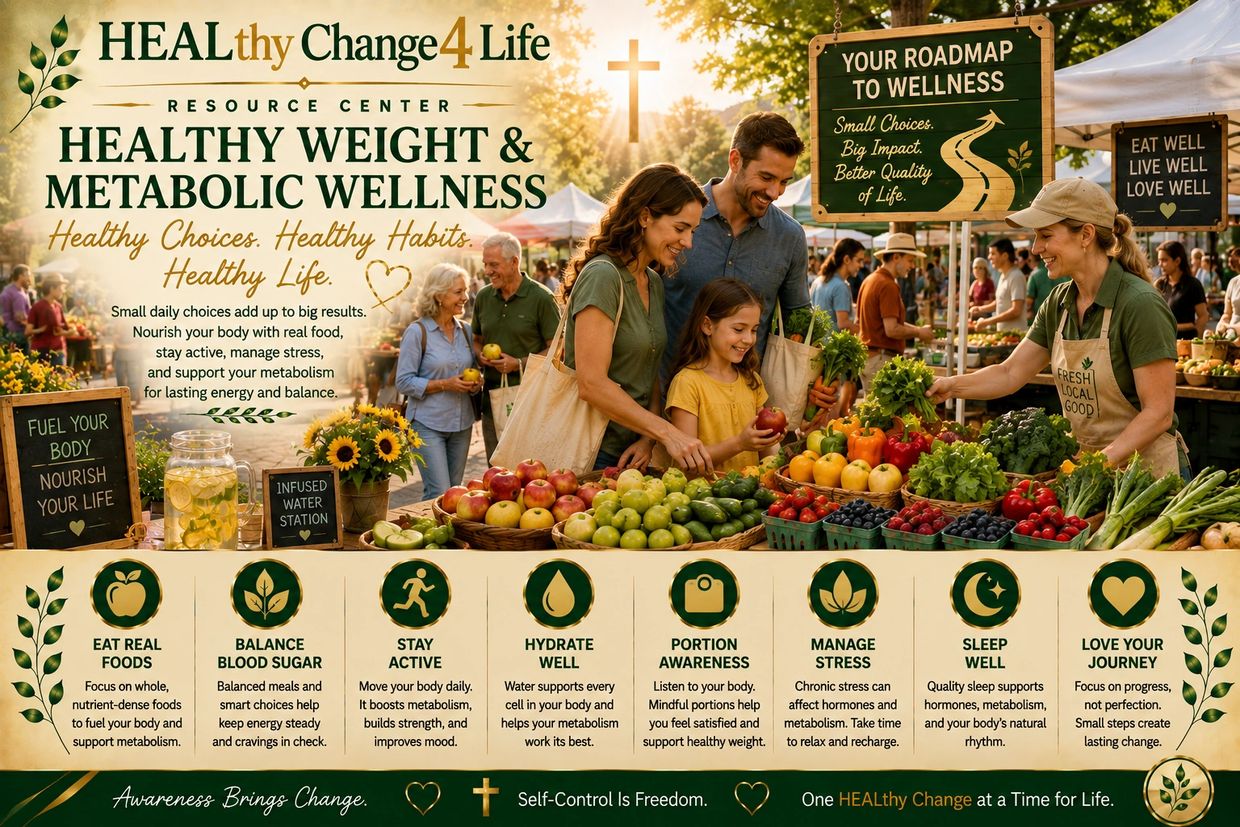 Healthy weight and metabolic wellness tips with family shopping fresh produce.