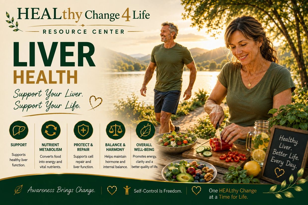 An encouraging liver health awareness poster with smiling people and fresh foods.
