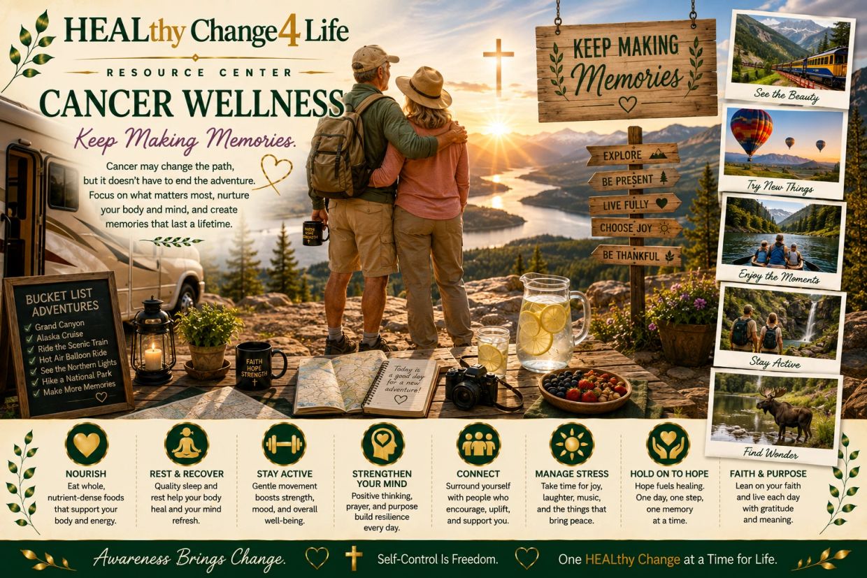 Couple embracing on scenic overlook promoting cancer wellness and bucket list adventures.