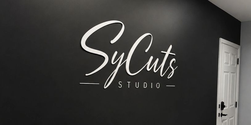 Logo of SyCuts Studio on a black wall.