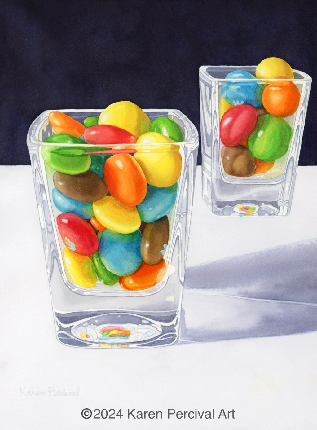 Original watercolor painting of 2 glasses filled with colorful candy and the back one floating. 