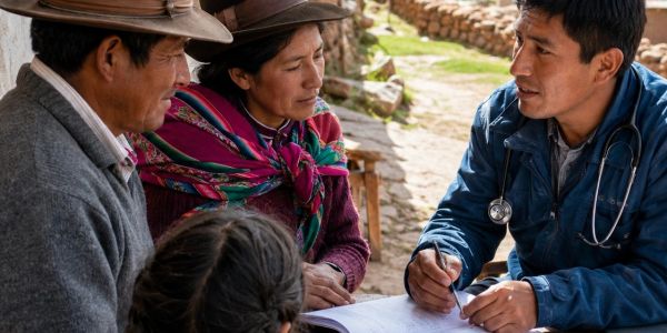 Médico rural consulta a familia andina.