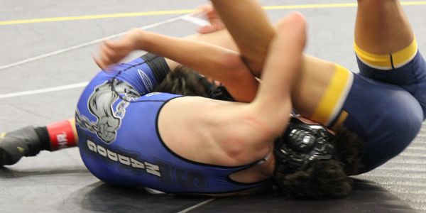 Two wrestlers in action on the mat.