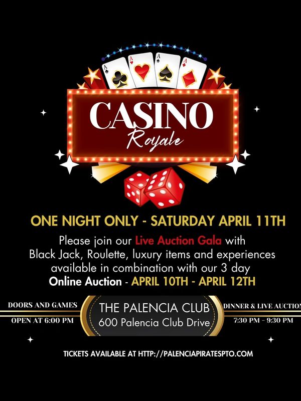 Casino Royale event flyer with live auction and games.