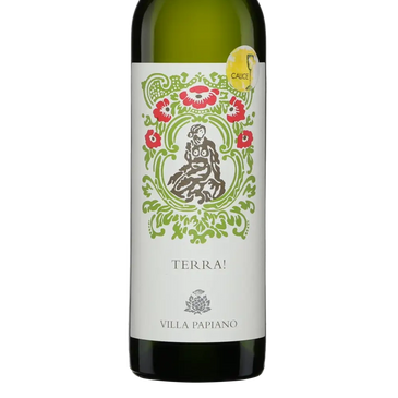 Bottle of Terra! white wine from Villa Papiano with artistic label design.