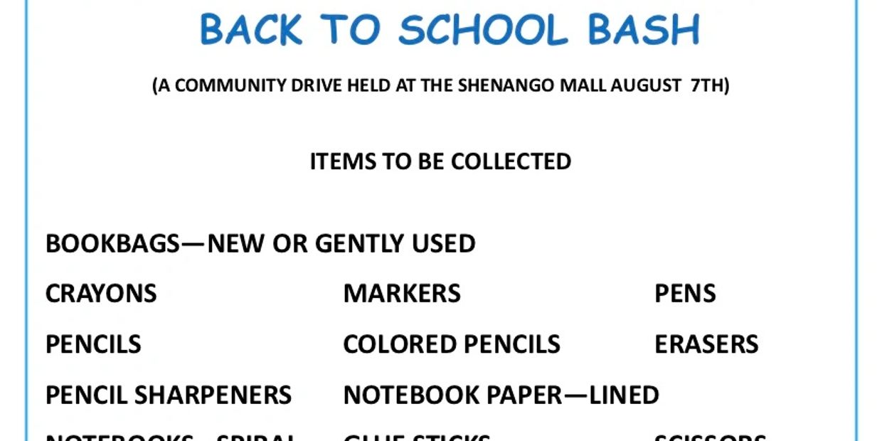Flyer for a Back to School Bash community drive collecting school supplies at Shenango Mall.