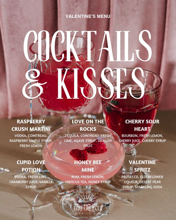Valentine's cocktail menu featuring romantic drinks like Raspberry Crush Martini and Honey Bee Mine.