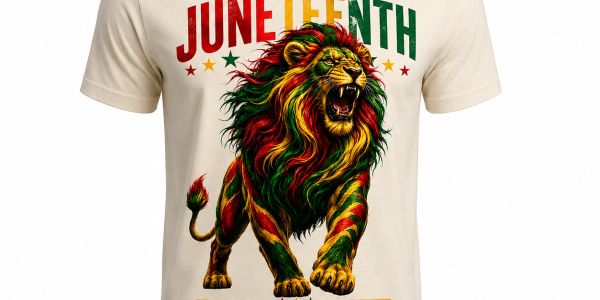 T-shirt featuring a roaring lion with vibrant red, yellow, and green colors and the word 'Juneteenth'.