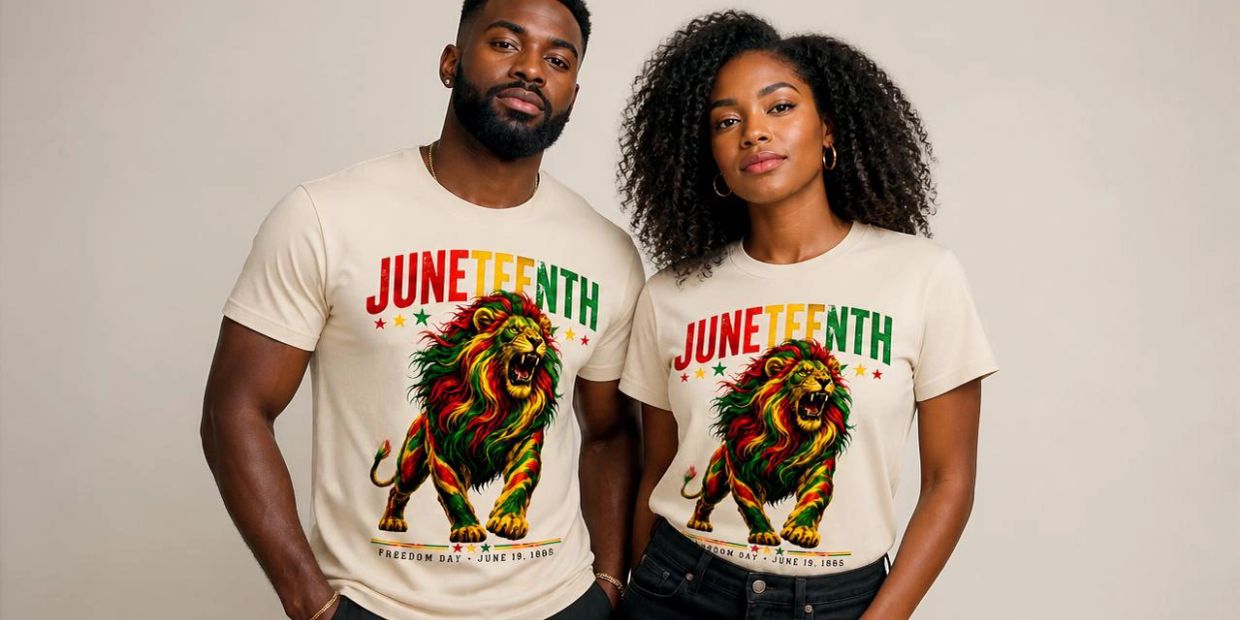 Two people wearing matching Juneteenth t-shirts with a colorful lion design.