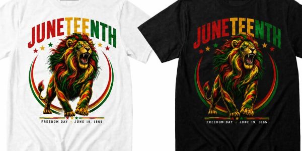 Two Juneteenth shirts with a roaring lion and colorful text.