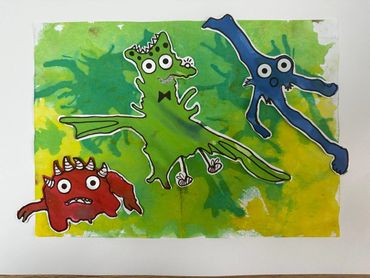 Colorful abstract creatures with big eyes on a green and yellow background.