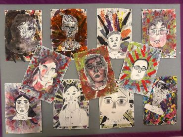 A collage of colorful, abstract portraits with varied facial expressions and artistic styles.