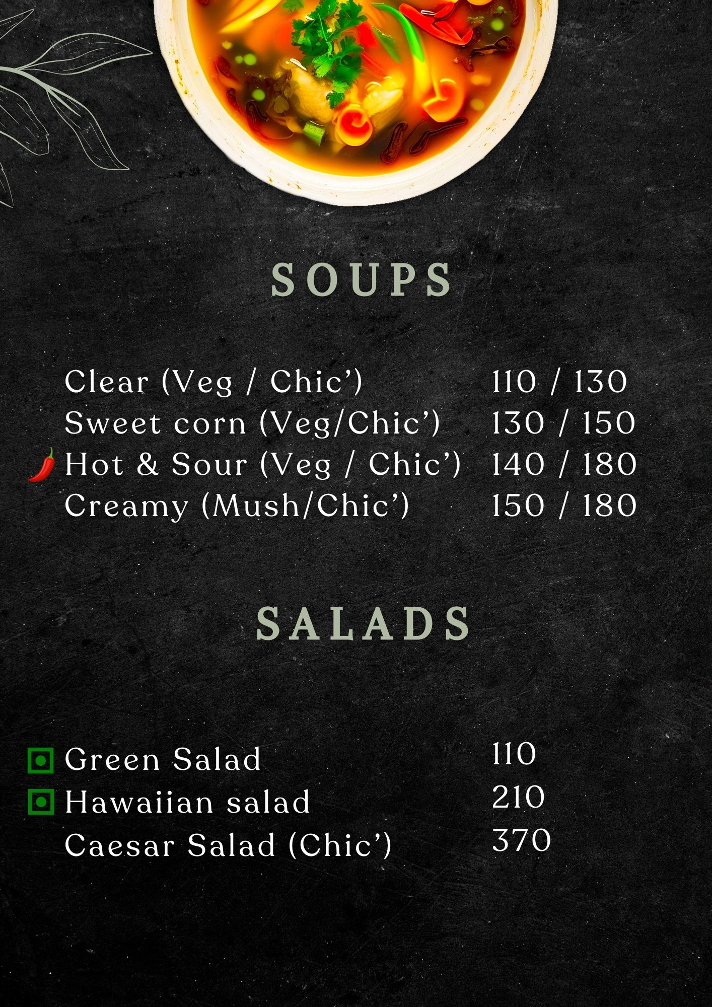 Menu listing soups and salads with prices and ingredients.