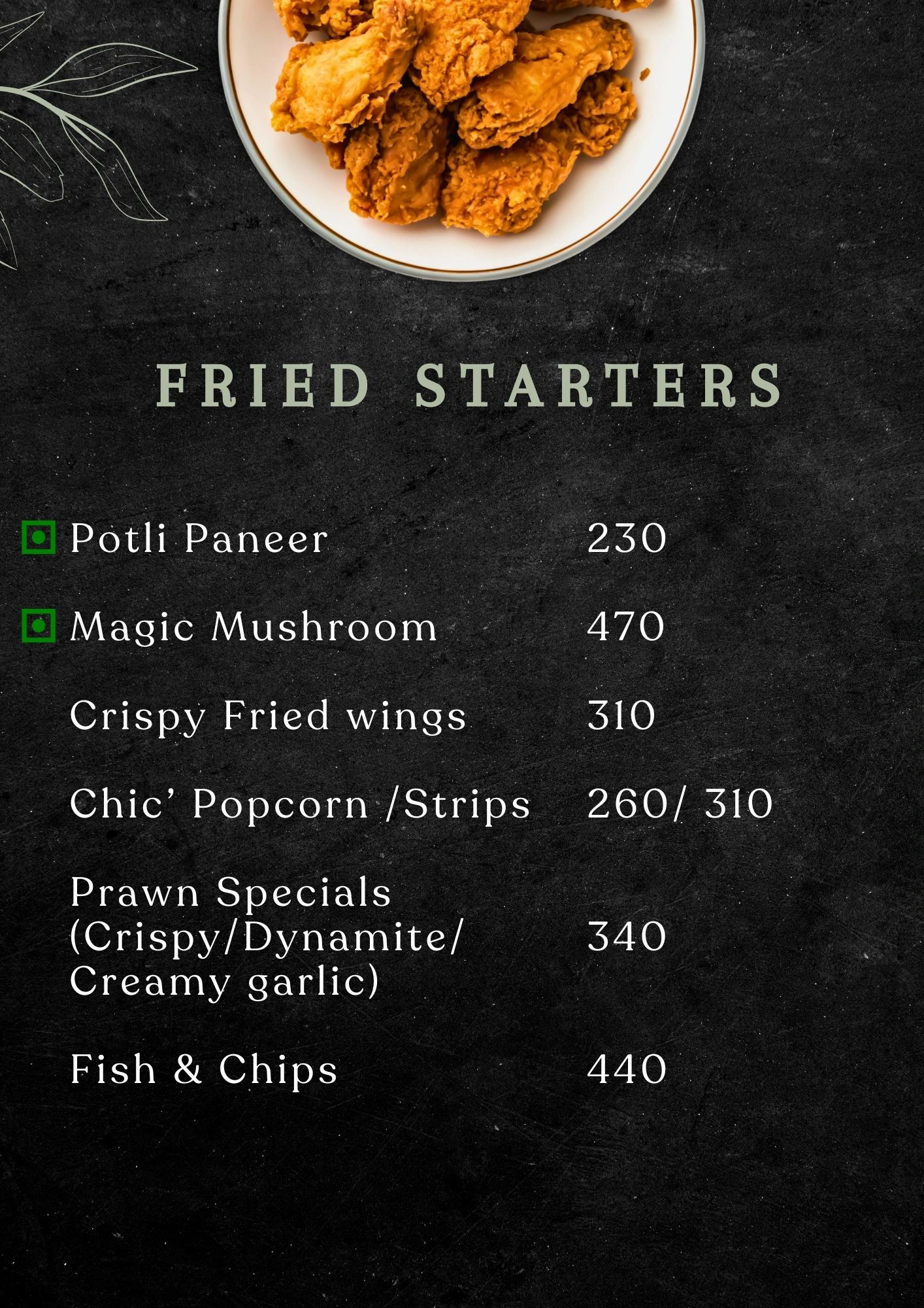Menu listing fried starters with prices and a plate of crispy fried wings.