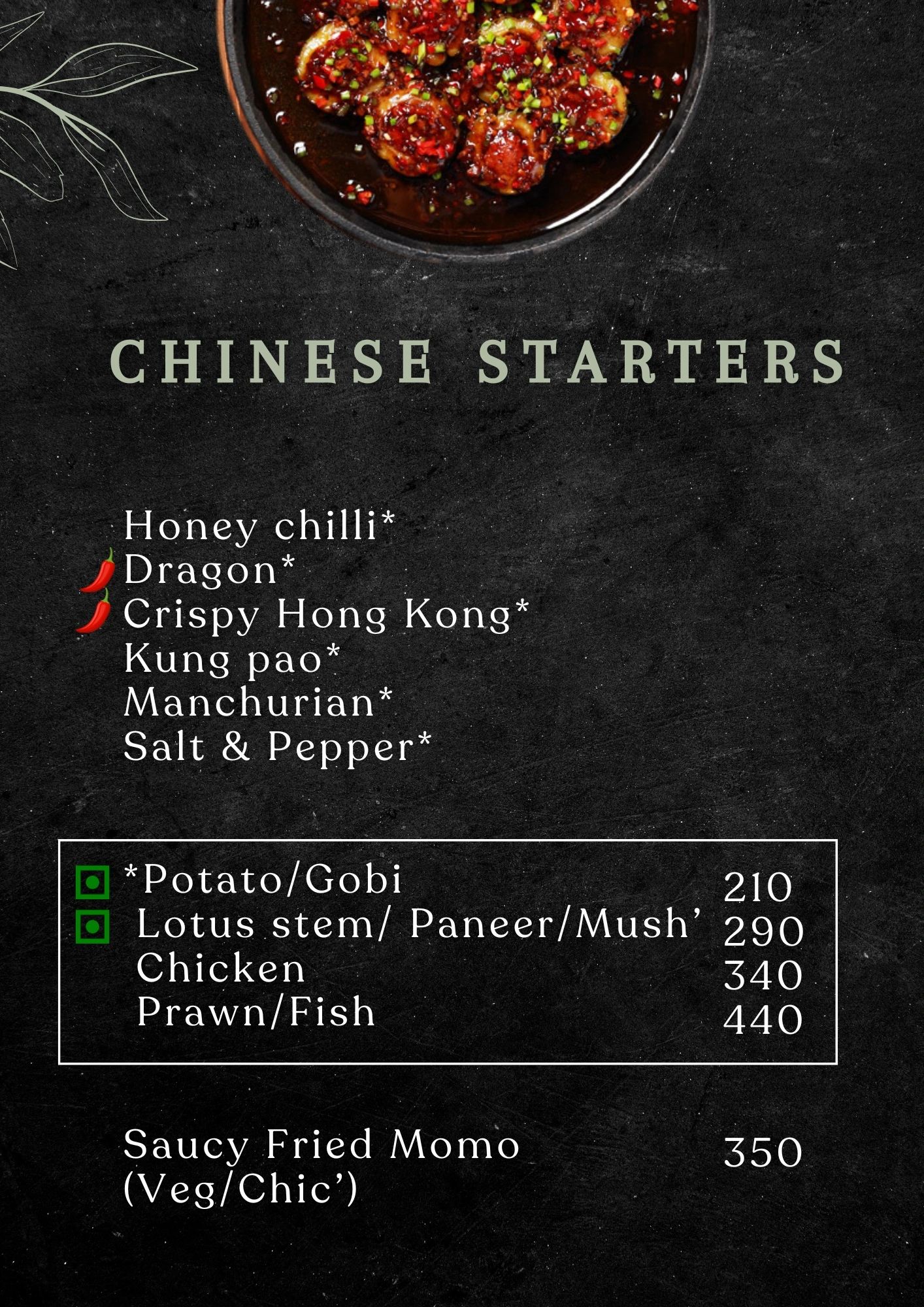 Chinese starters menu with various spicy and non-spicy options.