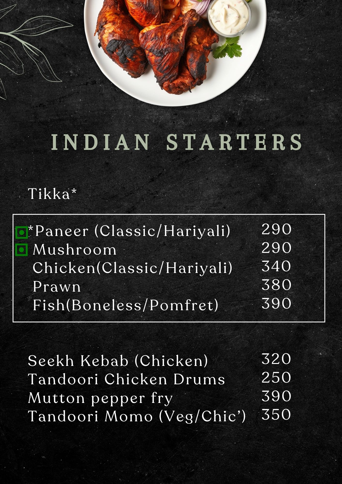 Indian starters menu featuring tikka and tandoori dishes with prices.