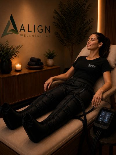 Woman relaxing in a wellness lab with leg compression therapy.