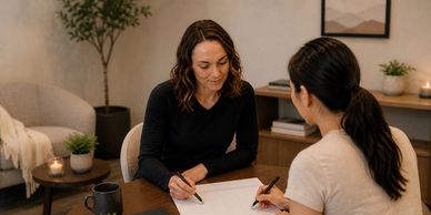 Two women engaged in a focused discussion with notes at a table.