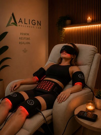 Woman relaxing with red light therapy pads at Align Wellness Lab.