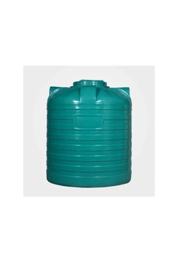 Large green plastic water storage tank.