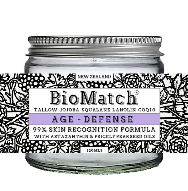 BioMatch Age-Defense skin formula jar with natural oils from New Zealand.