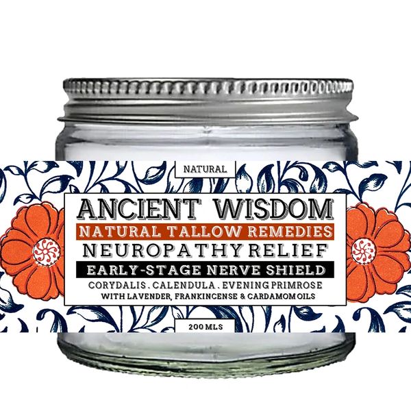 Jar labeled Ancient Wisdom Natural Tallow Remedies for neuropathy relief.
