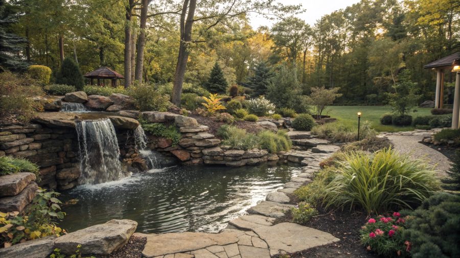 Rock waterfall and stream running through a planted landscape