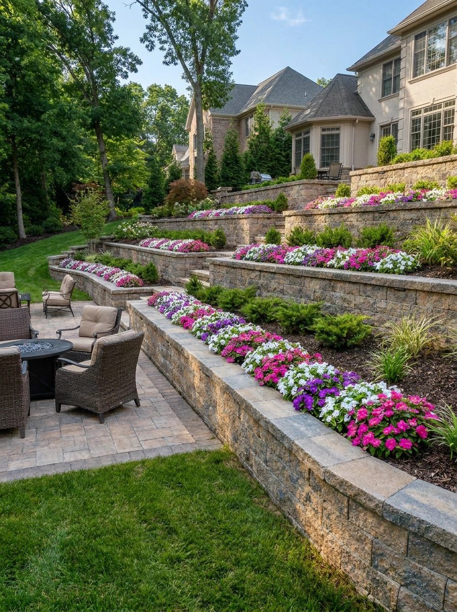 Stone retaining wall creating level usable space in a Long Island backyard