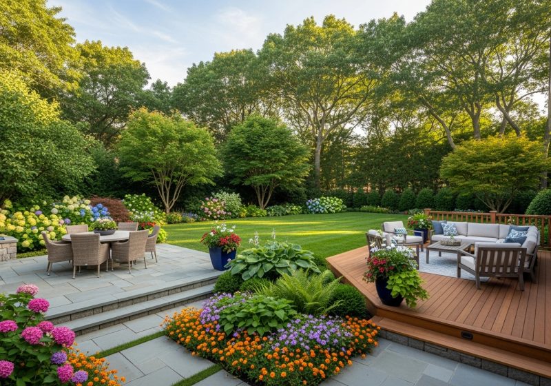 Landscaped garden with seating and flowering plants on Long Island