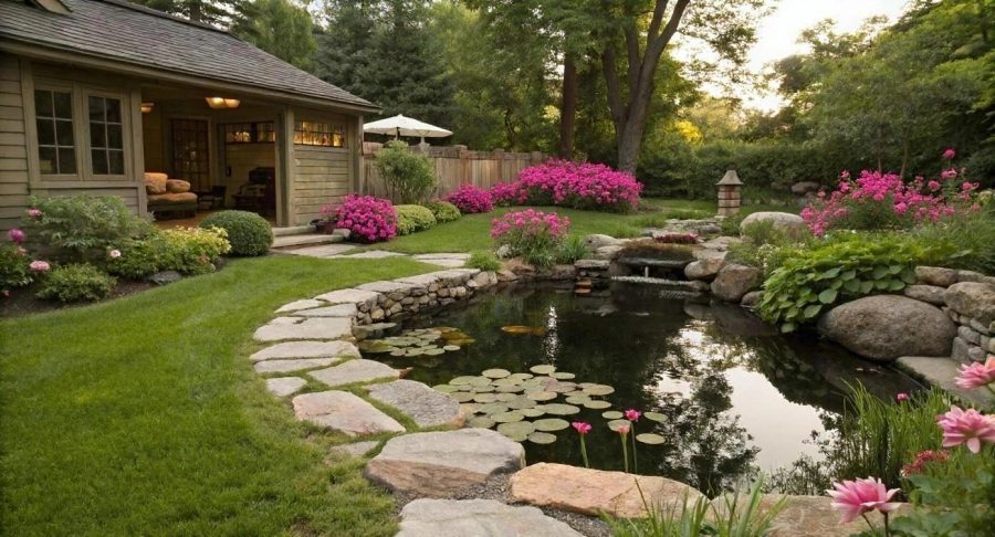 Koi pond edged in natural stone with water lilies and flowering plantings