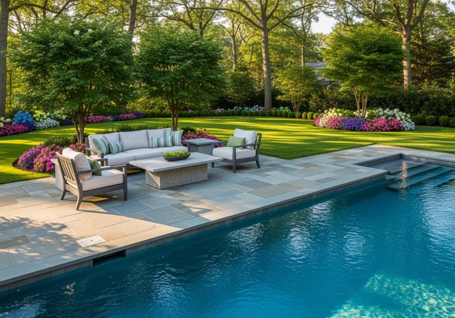Gunite pool with masonry coping and patio