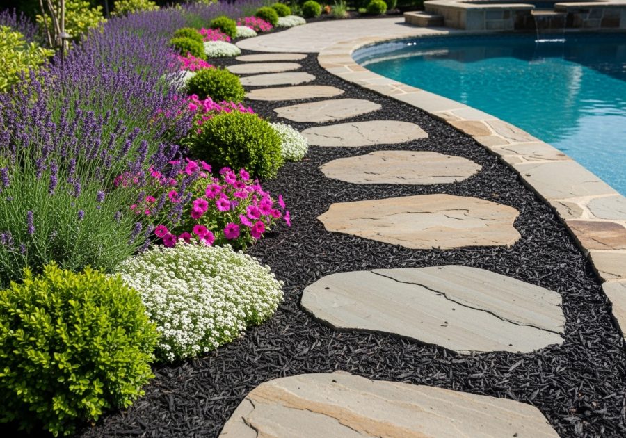 Natural stone stepping stone path through a planted Long Island garden