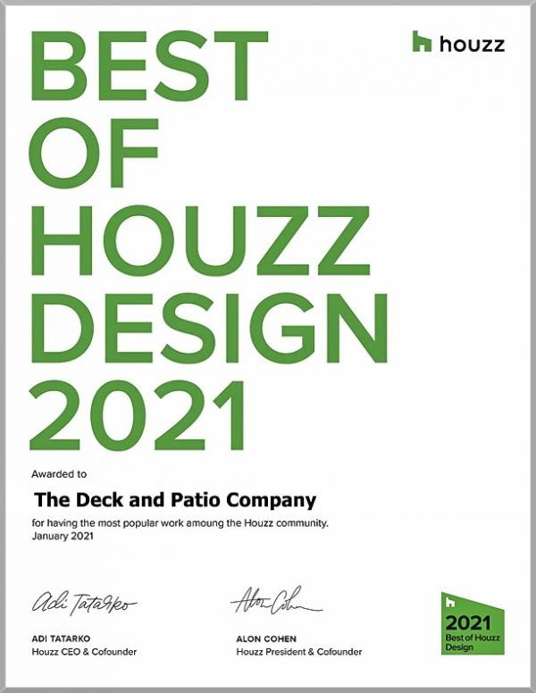 Best of Houzz Design 2021 certificate awarded to The Deck and Patio Company in January 2021