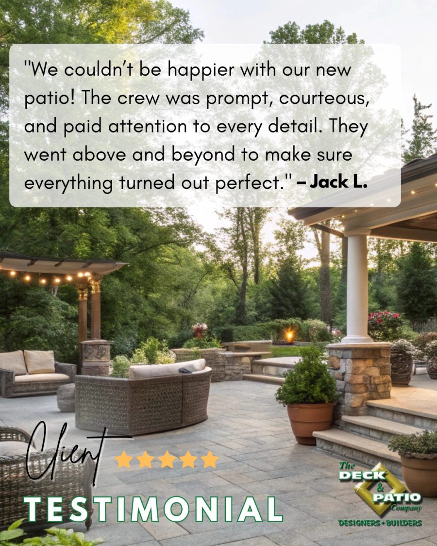 Homeowner review shown over a completed patio and outdoor living space