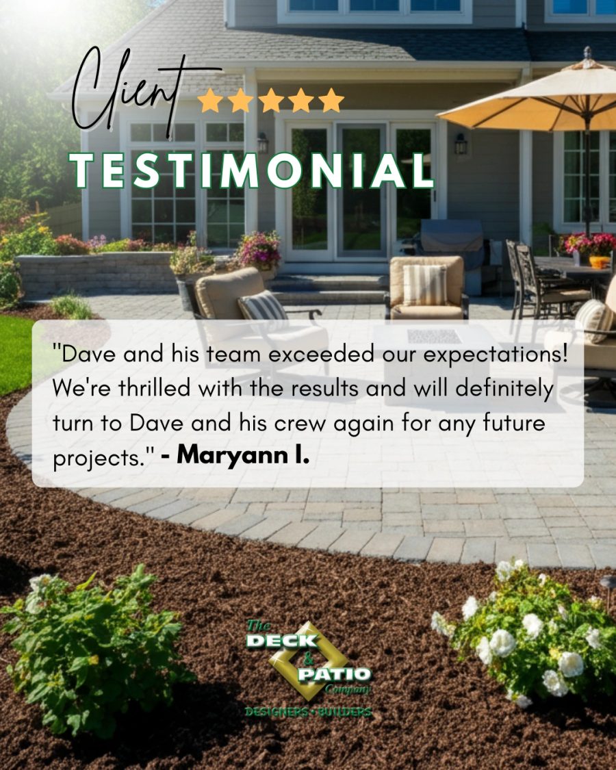 Client testimonial shown over a finished pool and terrace project on Long Island