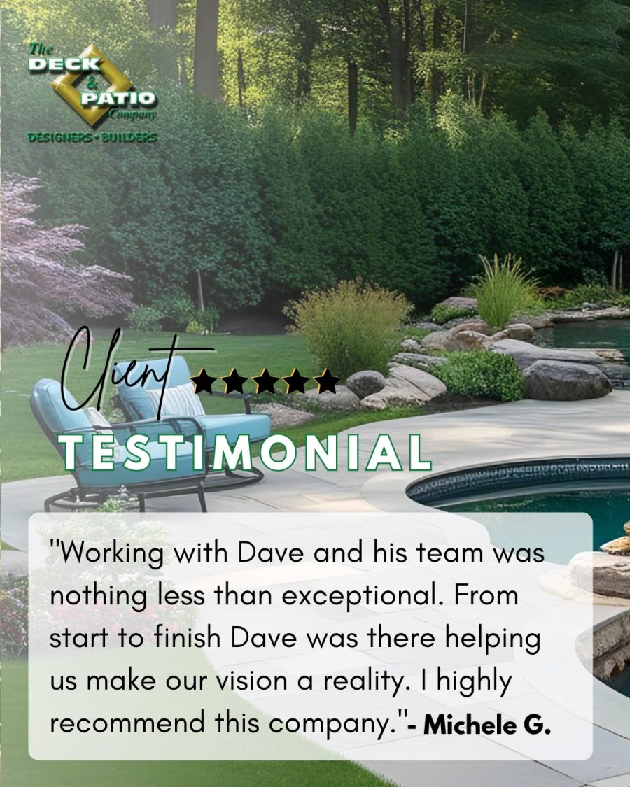 Client testimonial from M.G. shown over a completed Deck and Patio landscape project