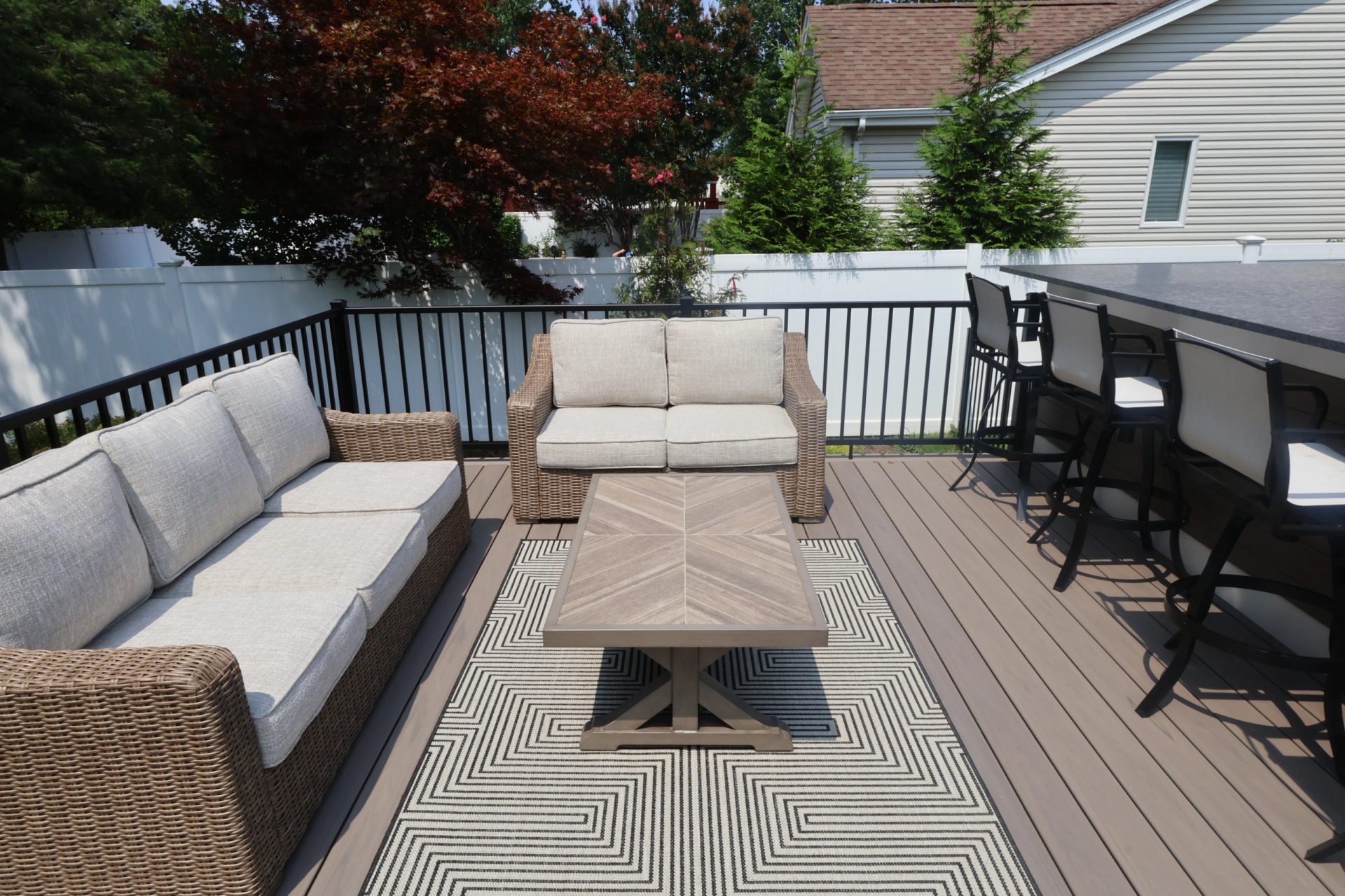Lounge seating on a custom deck at a Long Island home