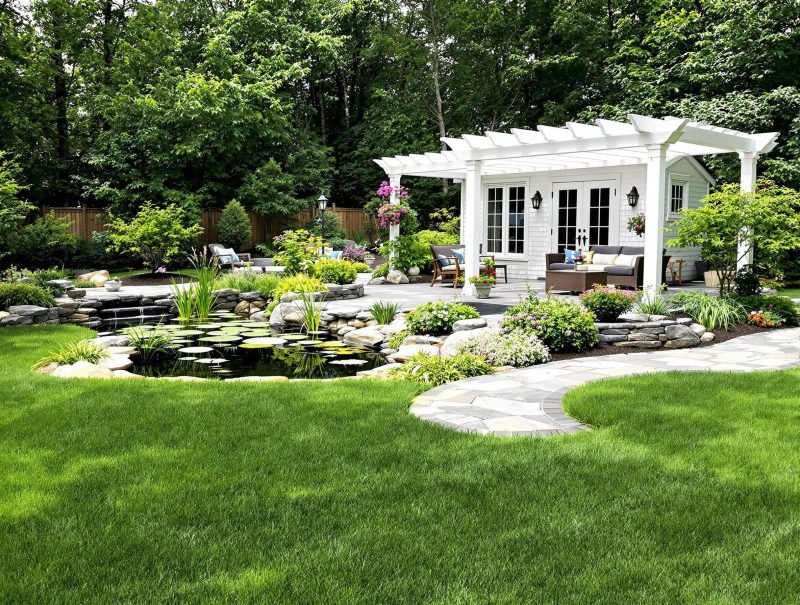 Water feature and pergola in a Long Island landscape