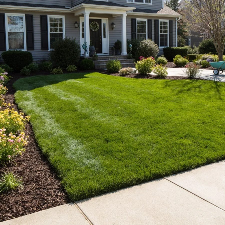 Spring landscaping with lush green grass, flowerbeds, trimmed shrubs and a clean patio