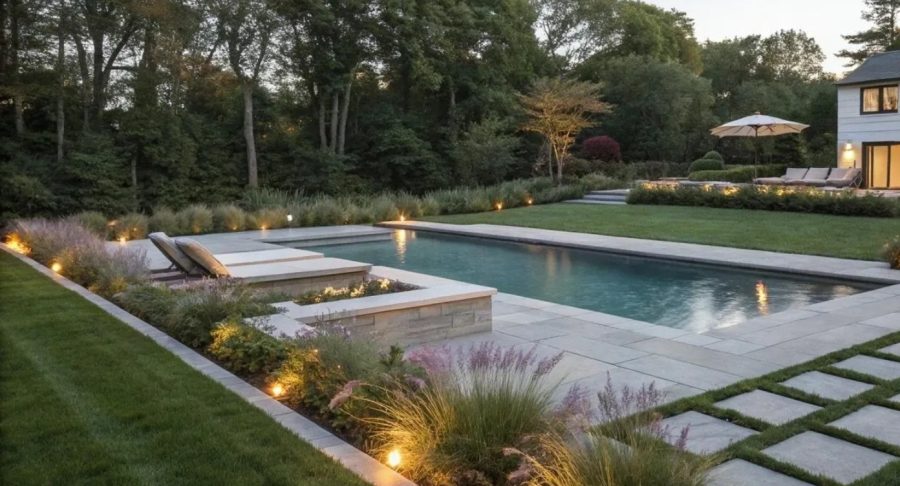 Complete backyard transformation with pool, terrace, lawn and plantings on Long Island