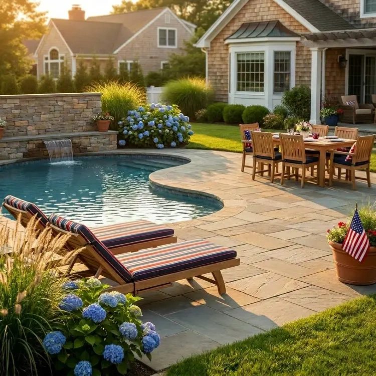 Long Island backyard with patio and pool ready for summer entertaining