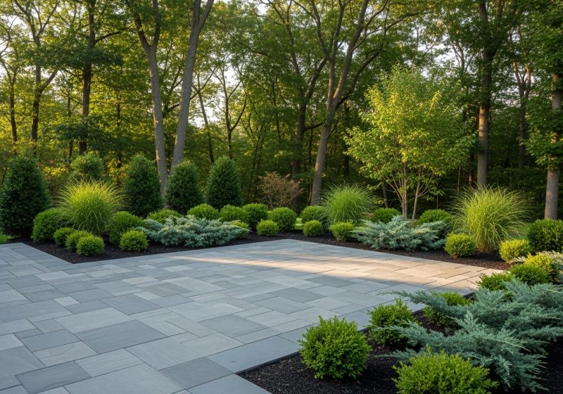 Newly installed paver patio on a Long Island property in early fall