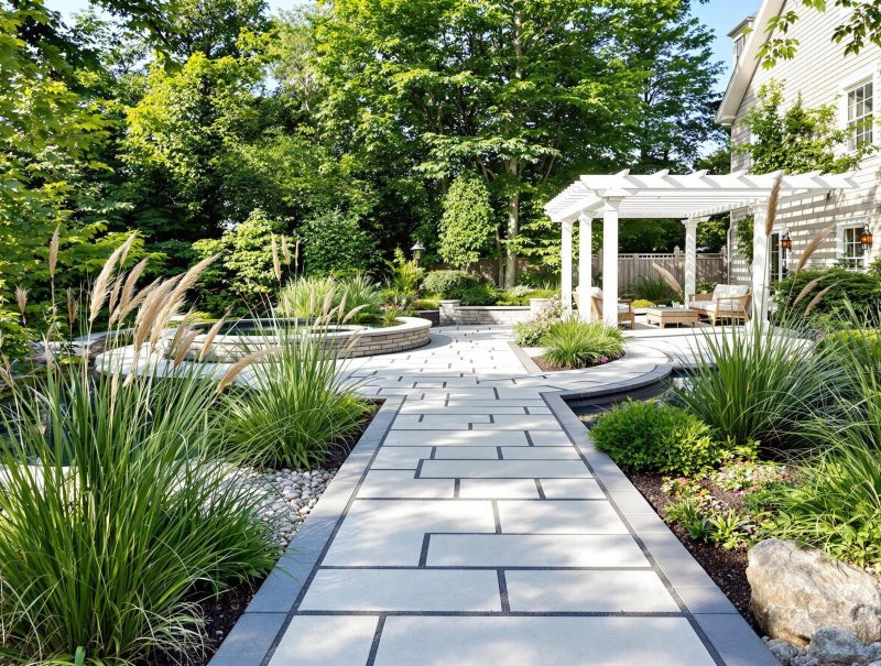 Maintained landscape beds and walkway at a Long Island property