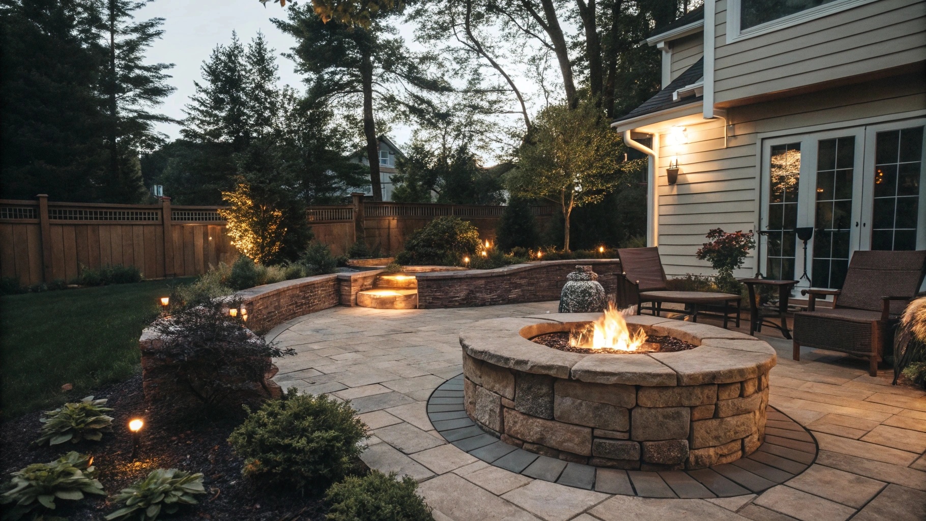 Wood-burning stone fire pit lit at dusk on a bluestone patio in a Long Island backyard